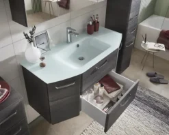 Badmöbel-Set Pelipal Quickset 328 BxHxT 175 x 200 x 39 cm Frontfarbe graphit struktur quer mit Glas-Waschtisch weiß, Hochschrank, Unterschrank und Wandschrank 328.120009