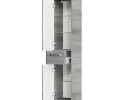 Badmöbel-Set Pelipal Quickset 328 BxHxT 175 x 200 x 39 cm Frontfarbe graphit struktur quer mit Glas-Waschtisch weiß, Hochschrank, Unterschrank und Wandschrank 328.120009