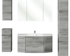 Badmöbel-Set Pelipal Quickset 328 BxHxT 175 x 200 x 39 cm Frontfarbe graphit struktur quer mit Mineralguss-Waschtisch und Hochschrank, Unterschrank und Wandschrank 328.120005