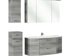 Badmöbel-Set Pelipal Quickset 328 BxHxT 145 x 200 x 39 cm Frontfarbe graphit struktur quer mit Mineralguss-Waschtisch weiß, Unterschrank und Wandschrank 328.120004