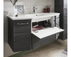 Badmöbel-Set Pelipal Quickset 328 BxHxT 145 x 200 x 39 cm Frontfarbe graphit struktur quer mit Mineralguss-Waschtisch weiß, Unterschrank und Wandschrank 328.120004