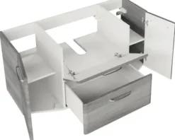 Badmöbel-Set Pelipal Quickset 328 BxHxT 145 x 200 x 39 cm Frontfarbe graphit struktur quer mit Mineralguss-Waschtisch weiß, Unterschrank und Wandschrank 328.120004