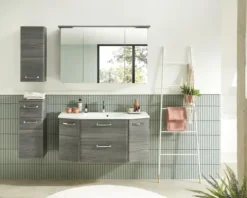 Badmöbel-Set Pelipal Quickset 328 BxHxT 145 x 200 x 39 cm Frontfarbe graphit struktur quer mit Mineralguss-Waschtisch weiß, Unterschrank und Wandschrank 328.120004