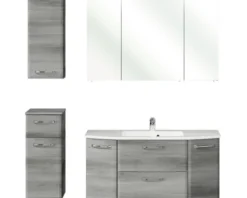 Badmöbel-Set Pelipal Quickset 328 BxHxT 145 x 200 x 39 cm Frontfarbe graphit struktur quer mit Mineralguss-Waschtisch weiß, Unterschrank und Wandschrank 328.120004