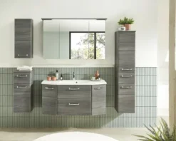 Badmöbel-Set Pelipal Quickset 328 BxHxT 175 x 200 x 39 cm Frontfarbe graphit struktur quer mit Mineralguss-Waschtisch und Hochschrank, Unterschrank und Wandschrank 328.120006