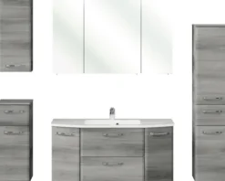 Badmöbel-Set Pelipal Quickset 328 BxHxT 175 x 200 x 39 cm Frontfarbe graphit struktur quer mit Mineralguss-Waschtisch und Hochschrank, Unterschrank und Wandschrank 328.120006