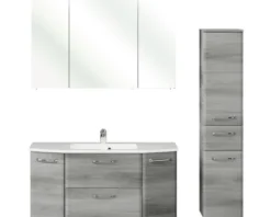 Badmöbel-Set Pelipal Quickset 328 BxHxT 145 x 200 x 39 cm Frontfarbe graphit struktur quer mit Mineralguss-Waschtisch und Hochschrank 328.120003