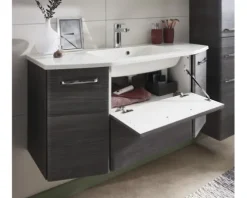 Badmöbel-Set Pelipal Quickset 328 BxHxT 145 x 200 x 39 cm Frontfarbe graphit struktur quer mit Mineralguss-Waschtisch und Hochschrank 328.120003