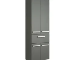 Badmöbel-Set Pelipal Serie 4005 BxHxT 212 x 200 x 49,1 cm Frontfarbe grau hochglanz Badmöbelset 5-teilig und mehr mit Waschtisch Glas weiß und Glaswaschtisch Spiegelschrank mit LED-Beleuchtung Waschtischunterschrank Hochschrank Wandschrank Unterschrank