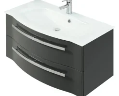 Badmöbel-Set Pelipal Serie 4005 BxHxT 212 x 200 x 49,1 cm Frontfarbe grau hochglanz Badmöbelset 5-teilig und mehr mit Waschtisch Glas weiß und Glaswaschtisch Spiegelschrank mit LED-Beleuchtung Waschtischunterschrank Hochschrank Wandschrank Unterschrank