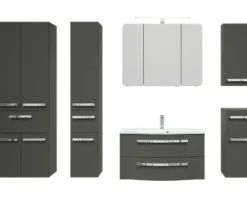 Badmöbel-Set Pelipal Serie 4005 BxHxT 212 x 200 x 49,1 cm Frontfarbe grau hochglanz Badmöbelset 5-teilig und mehr mit Waschtisch Glas weiß und Glaswaschtisch Spiegelschrank mit LED-Beleuchtung Waschtischunterschrank Hochschrank Wandschrank Unterschrank