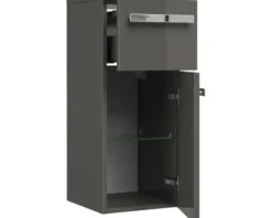 Badmöbel-Set Pelipal Serie 4005 BxHxT 212 x 200 x 49,1 cm Frontfarbe grau hochglanz Badmöbelset 5-teilig und mehr mit Waschtisch Glas weiß und Glaswaschtisch Spiegelschrank mit LED-Beleuchtung Waschtischunterschrank Hochschrank Wandschrank Unterschrank