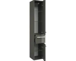 Badmöbel-Set Pelipal Serie 4005 BxHxT 212 x 200 x 49,1 cm Frontfarbe grau hochglanz Badmöbelset 5-teilig und mehr mit Waschtisch Glas weiß und Glaswaschtisch Spiegelschrank mit LED-Beleuchtung Waschtischunterschrank Hochschrank Wandschrank Unterschrank