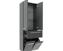 Badmöbel-Set Pelipal Serie 4005 BxHxT 212 x 200 x 49,1 cm Frontfarbe grau hochglanz Badmöbelset 5-teilig und mehr mit Waschtisch Glas weiß und Glaswaschtisch Spiegelschrank mit LED-Beleuchtung Waschtischunterschrank Hochschrank Wandschrank Unterschrank