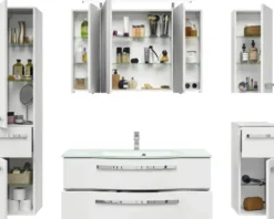 Badmöbel-Set Pelipal Serie 4005 BxHxT 180 x 200 x 49,1 cm Frontfarbe weiß hochglanz Badmöbelset 5-teilig und mehr mit Waschtisch Glas weiß und Glaswaschtisch Waschtischunterschrank Spiegelschrank mit LED-Beleuchtung Hochschrank Unterschrank Wandschrank