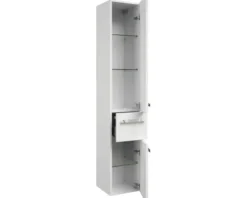 Badmöbel-Set Pelipal Serie 4005 BxHxT 180 x 200 x 49,1 cm Frontfarbe weiß hochglanz Badmöbelset 5-teilig und mehr mit Waschtisch Glas weiß und Glaswaschtisch Waschtischunterschrank Spiegelschrank mit LED-Beleuchtung Hochschrank Unterschrank Wandschrank
