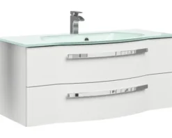 Badmöbel-Set Pelipal Serie 4005 BxHxT 180 x 200 x 49,1 cm Frontfarbe weiß hochglanz Badmöbelset 5-teilig und mehr mit Waschtisch Glas weiß und Glaswaschtisch Waschtischunterschrank Spiegelschrank mit LED-Beleuchtung Hochschrank Unterschrank Wandschrank