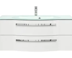 Badmöbel-Set Pelipal Serie 4005 BxHxT 180 x 200 x 49,1 cm Frontfarbe weiß hochglanz Badmöbelset 5-teilig und mehr mit Waschtisch Glas weiß und Glaswaschtisch Waschtischunterschrank Spiegelschrank mit LED-Beleuchtung Hochschrank Unterschrank Wandschrank