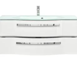 Badmöbel-Set Pelipal Serie 4005 BxHxT 180 x 200 x 49,1 cm Frontfarbe weiß hochglanz Badmöbelset 5-teilig und mehr mit Waschtisch Glas weiß und Glaswaschtisch Waschtischunterschrank Spiegelschrank mit LED-Beleuchtung Hochschrank Unterschrank Wandschrank