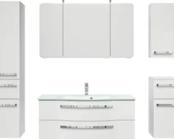 Badmöbel-Set Pelipal Serie 4005 BxHxT 180 x 200 x 49,1 cm Frontfarbe weiß hochglanz Badmöbelset 5-teilig und mehr mit Waschtisch Glas weiß und Glaswaschtisch Waschtischunterschrank Spiegelschrank mit LED-Beleuchtung Hochschrank Unterschrank Wandschrank