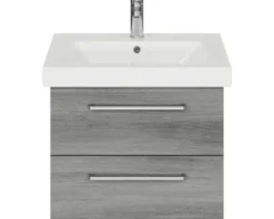 Badmöbel-Set Pelipal Sunline 105 BxHxT 66 x 200 x 46,5 cm Frontfarbe graphit struktur quer mit Keramik-Waschtisch Waschtischunterschrank und Spiegelschrank mit LED-Beleuchtung