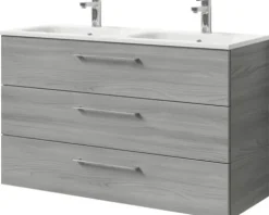Badmöbel-Set Pelipal Sunline 121 BxHxT 121 x 200 x 46 cm Frontfarbe sangallo grau mit Mineralguss-Doppelwaschtisch Waschtischunterschrank 3 Schubkästen und Spiegelschrank mit LED-Beleuchtung
