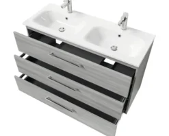 Badmöbel-Set Pelipal Sunline 121 BxHxT 121 x 200 x 46 cm Frontfarbe sangallo grau mit Mineralguss-Doppelwaschtisch Waschtischunterschrank 3 Schubkästen und Spiegelschrank mit LED-Beleuchtung