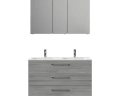 Badmöbel-Set Pelipal Sunline 121 BxHxT 121 x 200 x 46 cm Frontfarbe sangallo grau mit Mineralguss-Doppelwaschtisch Waschtischunterschrank 3 Schubkästen und Spiegelschrank mit LED-Beleuchtung
