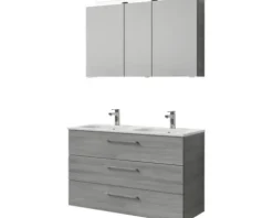 Badmöbel-Set Pelipal Sunline 121 BxHxT 121 x 200 x 46 cm Frontfarbe sangallo grau mit Mineralguss-Doppelwaschtisch Waschtischunterschrank 3 Schubkästen und Spiegelschrank mit LED-Beleuchtung