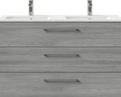 Badmöbel-Set Pelipal Sunline 121 BxHxT 121 x 200 x 46 cm Frontfarbe sangallo grau mit Mineralguss-Doppelwaschtisch Waschtischunterschrank 3 Schubkästen und Spiegelschrank mit LED-Beleuchtung