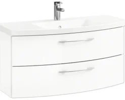 Badmöbel-Set Pelipal Sunline 104 BxHxT 131 x 200 x 50,5 cm Frontfarbe weiß hochglanz Badmöbelset 4-teilig mit Waschtisch Mineralmarmor weiß und Waschtischunterschrank Spiegelschrank mit LED-Beleuchtung Unterschrank