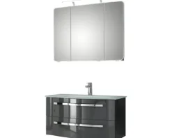 Badmöbel-Set Pelipal Xpressline 4005 BxHxT 92 x 122 x 49 cm Frontfarbe grau hochglanz mit Waschtisch Glas weiß und Waschtisch Waschtischunterschrank Spiegelschrank mit LED-Beleuchtung 992.09001120