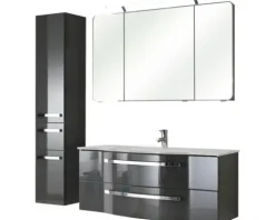 Badmöbel-Set Pelipal Xpressline 4005 BxHxT 157 x 200 x 49 cm Frontfarbe grau hochglanz mit Waschtisch Glas weiß und Waschtisch Waschtischunterschrank Spiegelschrank mit LED-Beleuchtung Hochschrank 992.12001121
