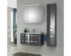 Badmöbel-Set Pelipal Xpressline 4005 BxHxT 132 x 200 x 49 cm Frontfarbe grau hochglanz mit Waschtisch Glas weiß und Waschtisch Waschtischunterschrank Spiegelschrank mit LED-Beleuchtung Hochschrank 992.09001121