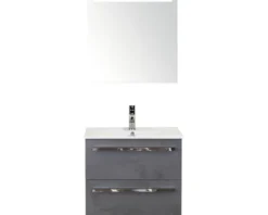 Badmöbel-Set Sanox Seville BxHxT 61 x 170 x 46 cm Frontfarbe beton anthrazit mit Waschtisch Keramik weiß und Waschtischunterschrank Waschtisch Spiegel mit LED-Beleuchtung