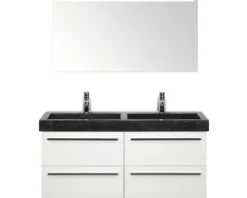 Badmöbel-Set Sanox Seville BxHxT 121 x 170 x 45,5 cm Frontfarbe weiß hochglanz mit Waschtisch Naturstein schwarz und Waschtischunterschrank Doppelwaschtisch Spiegel mit LED-Beleuchtung