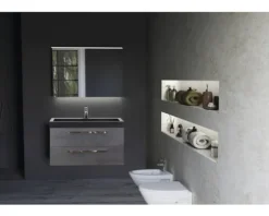 Badmöbel-Set Seville 120 cm mit Doppelwaschwaschtisch Naturstein mit Spiegelschrank Beton anthrazit