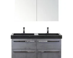 Badmöbel-Set Seville 120 cm mit Doppelwaschwaschtisch Naturstein mit Spiegelschrank Beton anthrazit