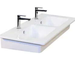 Badmöbelset 3-teilig Doppelbadmöbel Sanox Porto BxHxT 121 x 170 x 51 cm Frontfarbe weiß hochglanz mit Waschtisch Keramik weiß und Waschtischunterschrank Doppelwaschtisch Spiegel mit LED-Beleuchtung 84731301