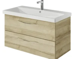 Badmöbelset 3-teilig Pelipal Serie 4035 BxHxT 90 x 200 x 43,5 cm Frontfarbe eiche riviera mit Waschtisch Keramik weiß und Keramik-Waschtisch Waschtischunterschrank Spiegel mit LED-Beleuchtung Griff chrom glanz 40350900112470