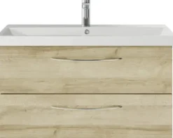 Badmöbelset 3-teilig Pelipal Serie 4035 BxHxT 90 x 200 x 43,5 cm Frontfarbe eiche riviera mit Waschtisch Keramik weiß und Keramik-Waschtisch Waschtischunterschrank Spiegel mit LED-Beleuchtung Griff chrom glanz 40350900112470