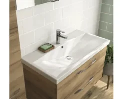 Badmöbelset 3-teilig Pelipal Serie 4035 BxHxT 90 x 200 x 43,5 cm Frontfarbe eiche riviera mit Waschtisch Keramik weiß und Keramik-Waschtisch Waschtischunterschrank Spiegel mit LED-Beleuchtung Griff chrom glanz 40350900112470