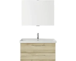 Badmöbelset 3-teilig Pelipal Serie 4035 BxHxT 90 x 200 x 43,5 cm Frontfarbe eiche riviera mit Waschtisch Keramik weiß und Keramik-Waschtisch Waschtischunterschrank Spiegel mit LED-Beleuchtung Griff chrom glanz 40350900112470