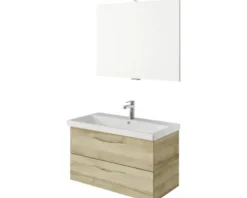 Badmöbelset 3-teilig Pelipal Serie 4035 BxHxT 90 x 200 x 43,5 cm Frontfarbe eiche riviera mit Waschtisch Keramik weiß und Keramik-Waschtisch Waschtischunterschrank Spiegel mit LED-Beleuchtung Griff chrom glanz 40350900112470