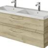 Badmöbelset 3-teilig Pelipal Serie 4035 BxHxT 120 x 200 x 45 cm Frontfarbe eiche riviera mit Waschtisch Keramik weiß und Keramik-Doppelwaschtisch Waschtischunterschrank Spiegelschrank mit LED-Beleuchtung Griff chrom glanz 40351200111470