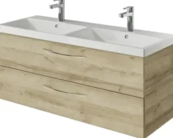 Badmöbelset 3-teilig Pelipal Serie 4035 BxHxT 120 x 200 x 45 cm Frontfarbe eiche riviera mit Waschtisch Keramik weiß und Keramik-Doppelwaschtisch Waschtischunterschrank Spiegelschrank mit LED-Beleuchtung Griff chrom glanz 40351200111470