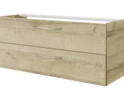 Badmöbelset 3-teilig Pelipal Serie 4035 BxHxT 120 x 200 x 45 cm Frontfarbe eiche riviera mit Waschtisch Keramik weiß und Keramik-Doppelwaschtisch Waschtischunterschrank Spiegelschrank mit LED-Beleuchtung Griff chrom glanz 40351200111470