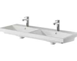 Badmöbelset 3-teilig Pelipal Serie 4035 BxHxT 120 x 200 x 45 cm Frontfarbe eiche riviera mit Waschtisch Keramik weiß und Keramik-Doppelwaschtisch Waschtischunterschrank Spiegelschrank mit LED-Beleuchtung Griff chrom glanz 40351200111470