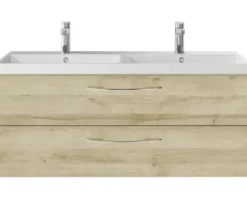 Badmöbelset 3-teilig Pelipal Serie 4035 BxHxT 120 x 200 x 45 cm Frontfarbe eiche riviera mit Waschtisch Keramik weiß und Keramik-Doppelwaschtisch Waschtischunterschrank Spiegelschrank mit LED-Beleuchtung Griff chrom glanz 40351200111470