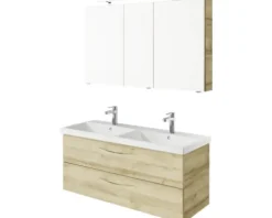 Badmöbelset 3-teilig Pelipal Serie 4035 BxHxT 120 x 200 x 45 cm Frontfarbe eiche riviera mit Waschtisch Keramik weiß und Keramik-Doppelwaschtisch Waschtischunterschrank Spiegelschrank mit LED-Beleuchtung Griff chrom glanz 40351200111470